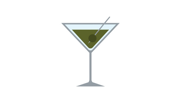 Classic martini cocktail in a V-shaped glass with green liquid and a dark green olive on a toothpick stick.
