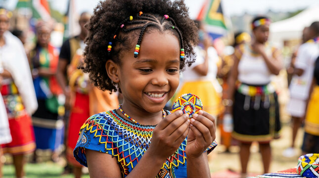 Young South African girl in traditional attire holding beaded ornament. Celebrating Heritage Day festival in South Africa
