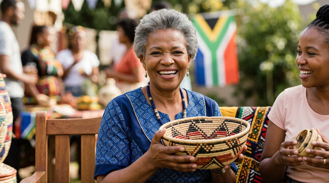 Senior South African woman holding traditional woven basket. Heritage Day cultural celebration with handwoven craft