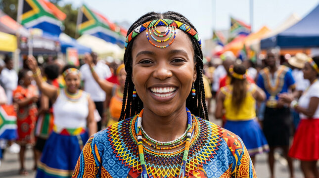 Close up portrait of young South African woman in traditional beaded jewelry. Heritage Day street celebration