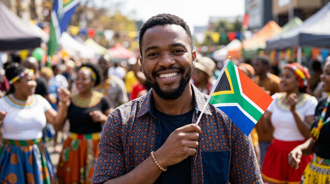 Smiling South African man holding national flag at street festival. Celebrating Heritage Day parade with traditional dancers