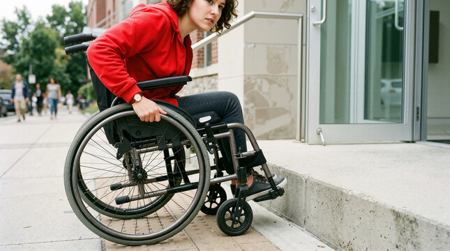 Woman in wheelchair facing inaccessible building entrance step. Disability barrier and physical access concept
