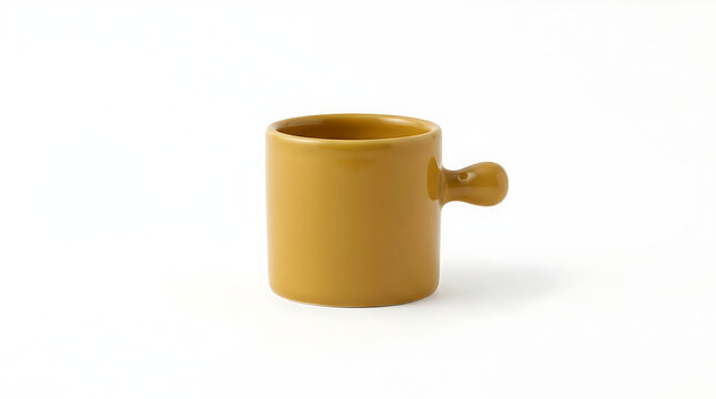 Close-up of a single, small, ochre-colored mug on a white background