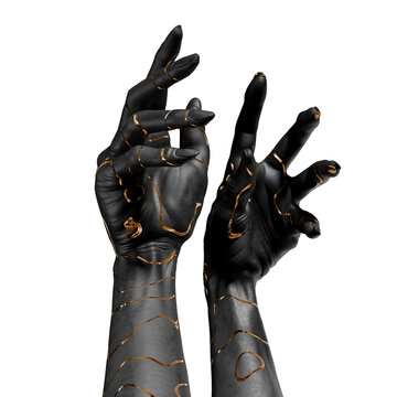 Two hands are raised and positioned in separate directions. The hands are covered in black paint and feature golden lines on the surface. The background is plain white. 3d render