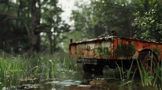 Vivid image of rusty trailer in marshy forest setting Canon EOS R5 50mm f4