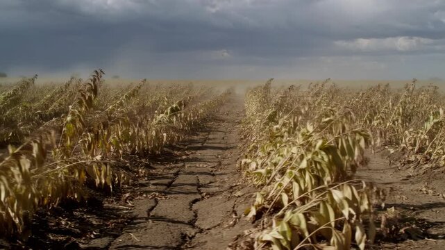 Withered cornfield rows bend in strong wind beneath dark storm clouds along a dry dirt path. Agricultural disaster reporting, climate change documentaries, and crop insurance advertising.