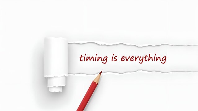Red pencil revealing timing is everything on torn paper, concept of importance of timing, isolated on white background