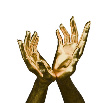 Hands coated in gold pose with fingers extended in an upward direction. The hands are displayed against a plain background. This artwork emphasizes a unique artistic expression. 3d render