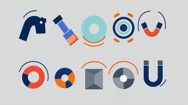 Set of abstract flat vector icons featuring various geometric shapes, scientific symbols, and modern technological elements in blue, orange, and gray tones