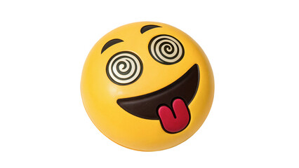 Round yellow crazy emoji face sphere dizzy tongue isolated on transparent background. © Olivia Wilson
