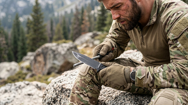 Soldier sharpening knife outdoors in mountain environment. Military man in camouflage maintaining tactical blade