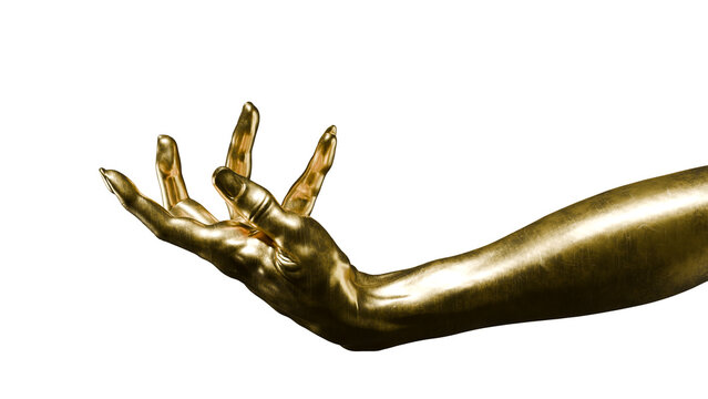 A hand covered in gold paint is seen reaching out with fingers extended. The background is plain white, creating a strong contrast with the bright gold. 3d render