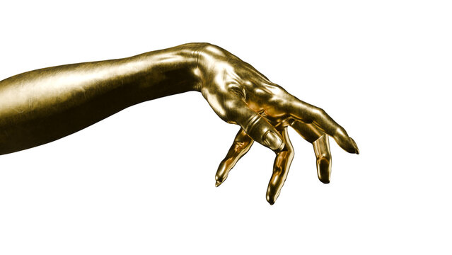 A hand is painted in gold, stretching out and positioned frontward with fingers slightly curled. This hand is set against a plain white background in a bright light. 3d render