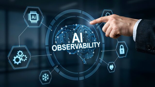 Hand touching holographic ai observability interface with brain icon and network, artificial intelligence concept