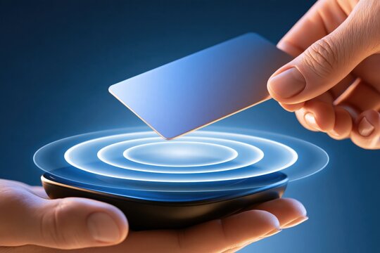 Hand holding contactless payment card above glowing nfc reader with blue light rings, modern transaction moment on dark background