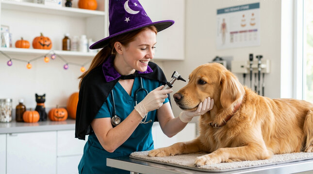 Female vet in witch hat examining golden retriever dog. Veterinarian using otoscope for pet checkup in decorated clinic
