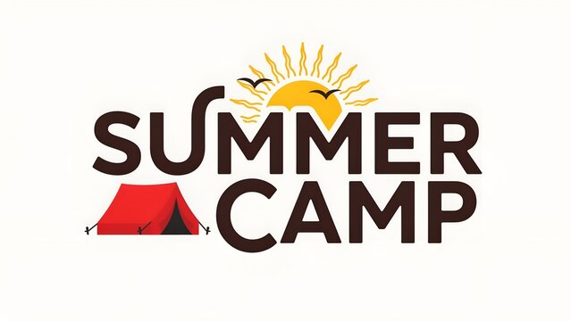 Summer camp logo design with sun, birds, and tent illustration, isolated on white background fun outdoor adventure program for kids and youth