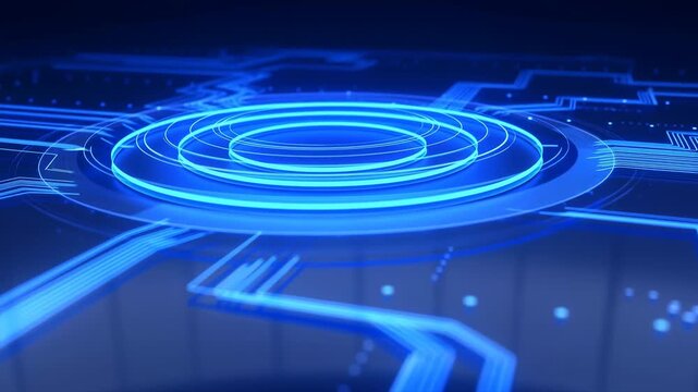 Rotating blue rings illuminate a futuristic digital circuit interface with glowing electronic pathways. Technology presentations, software marketing, and cybersecurity communications.