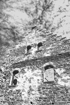 Black and White Shot of Historic Castle Ruin with Step Gable.