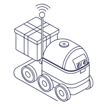 Isometric delivery robot carrying a package with antenna and wireless signal icon black and white online order logistics sys