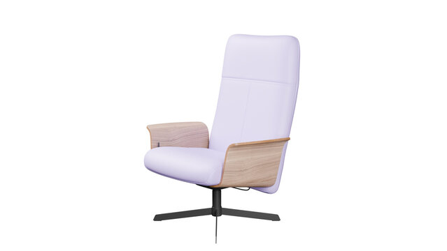Pale lavender lounge chair appears at a three quarter angle with light wooden sides and a black cross base in an isolated 3D furniture render for soft contemporary interior styling