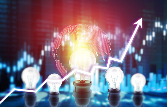 Glowing light bulbs against a rising stock market graph with an upward arrow.