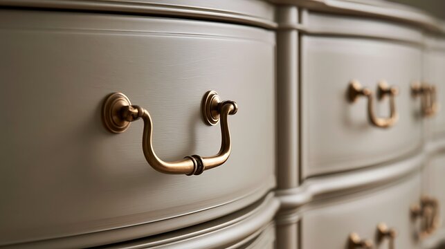 Close up of elegant vintage dresser drawer with ornate brass handle.