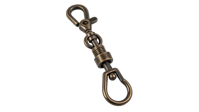 Metallic brass swivel eye snap hook hardware fastener isolated on transparent background.
