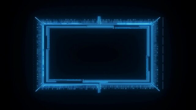 Glowing digital interface frame expands with circuit details on a black background. Technology presentations, software interface design, and cybersecurity media.