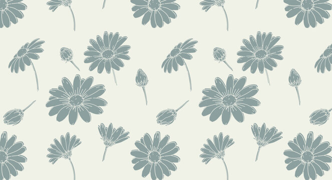 Seamless floral pattern featuring stylized daisy flowers and delicate buds in muted sage green on a warm cream background, with a hand drawn botanical look for modern surface design. Vector