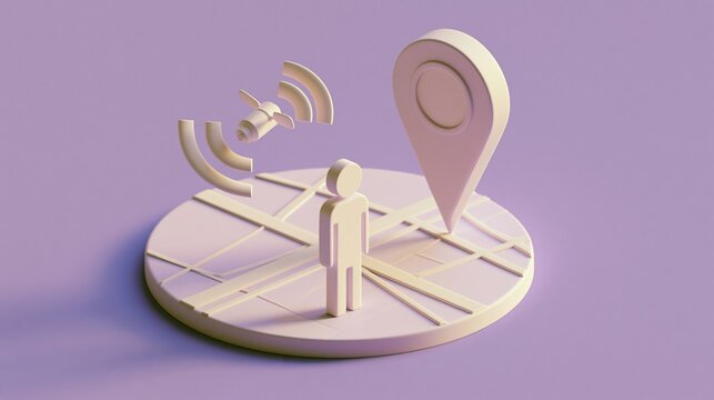 Navigation satellite sending signal to location pin on map grid with human figure, concept for global positioning system and location services