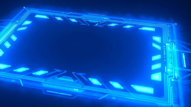 Luminous blue futuristic frame animates around a dark empty center in an abstract digital interface. Technology presentations, digital title cards, and gaming graphics.