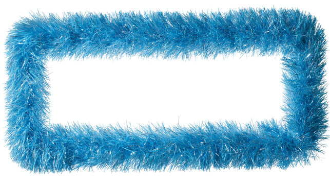 Isolated shimmering blue tinsel garland rectangular frame for festive holiday decoration