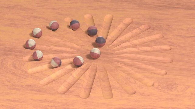 回転しているように見える直線運動の木のボールの3DCG映像　斜め視点　141f～240f部分ループ
