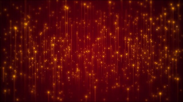 Gold stars light trails shimmer deep red background, rich festive curtain effect. holiday greetings, award ceremonies, Christmas promos, luxury events, stage screens, celebration elegant title.