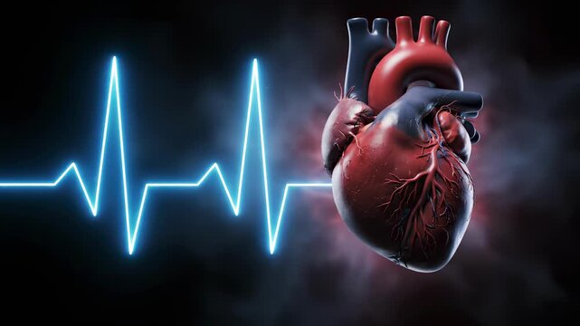 Realistic 3D animation of beating human heart. Anatomy organ with blue EKG pulse line background. Medical cardiology concept