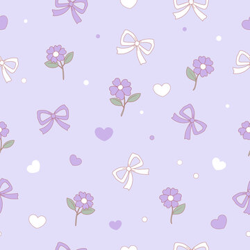 Lovely purple flower and ribbon bow seamless pattern background, cute vector illustration with hearts and polka dots on light violet backdrop for fabric and wallpaper