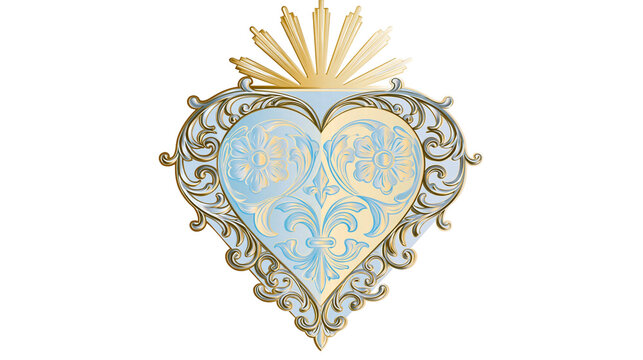 Isolated ornate heart with golden light rays and detailed floral motifs, elegant spiritual symbol