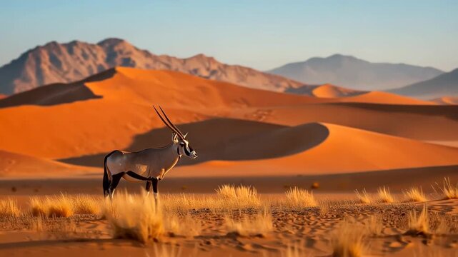 Oryx standing in golden desert landscape with red sand dunes and distant mountains at sunrise