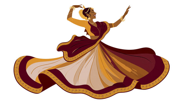 Isolated joyful Indian woman in a colorful traditional dress and jewelry performing a dance