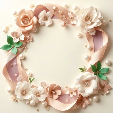 Soft pastel blooms and pearls frame a delicate, circular border