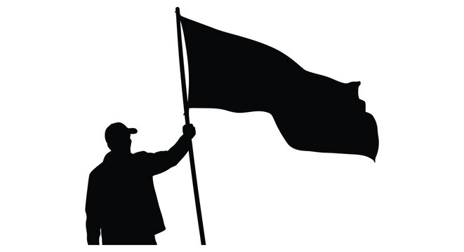 Man holding a waving flag is depicted as a black silhouette figure