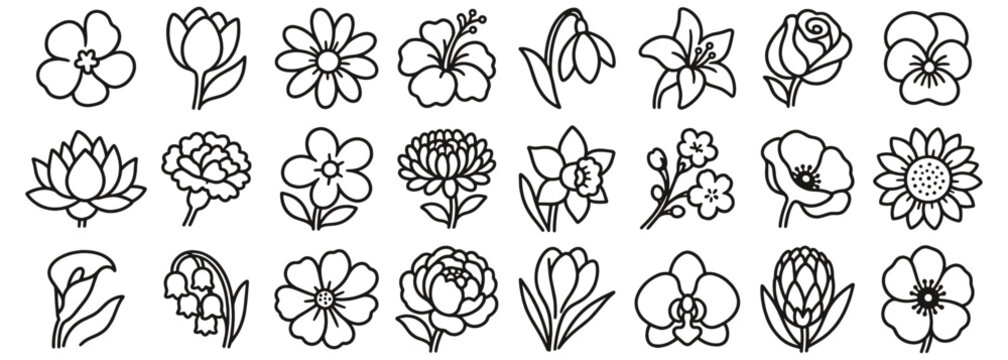 Flowers line icon set. Rose, tulip, daisy, lily, orchid and sunflower linear vector illustration. Outline doodle signs for botanical art, florists, garden plants, spring blooms and floral decor.