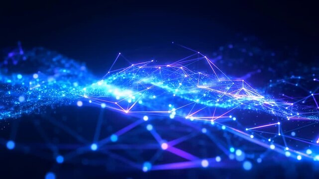 Glowing digital network lines and particles flow through a dark abstract technology field. Technology presentations, data and analytics projects, and cybersecurity campaigns.