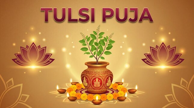 Tulsi puja festival illustration with holy basil plant in a traditional pot decorated with marigold flowers and oil lamps