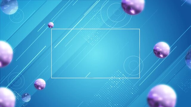 Glossy purple spheres float rectangular frame geometric background rays dots. product displays, modern advertising, technology promos, social media graphics, brand presentations, video title screens.