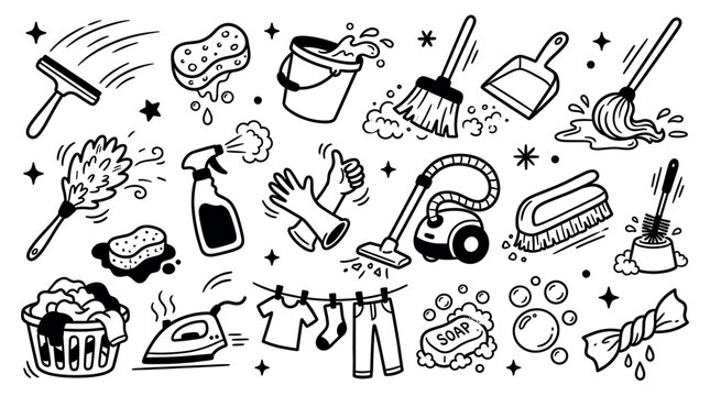 Various hand-drawn cleaning tools and laundry items are arranged in a dynamic pattern, featuring a squeegee, mop, bucket, and iron on a white background