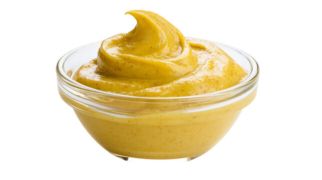 Isolated bowl of spicy yellow mustard condiment with a creamy texture, perfect for food