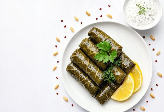 Delicious homemade dolma stuffed grape leaves served with yogurt sauce and lemon on a white plate