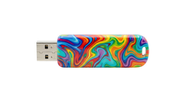 Usb flash drive with colorful liquid design isolated on transparent background